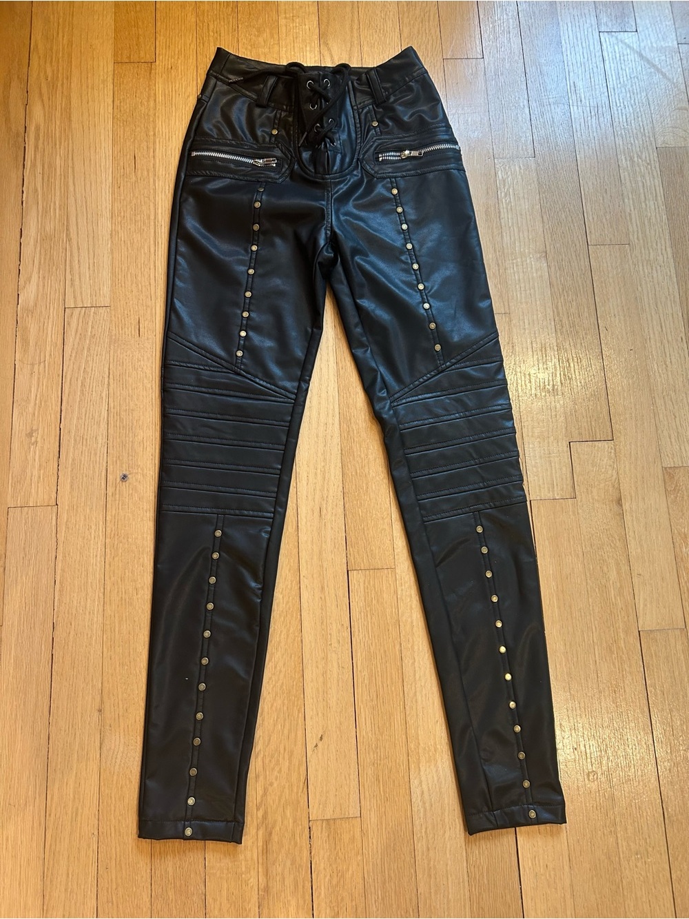 Black Faux Leather Lace-Up Moto pants Women